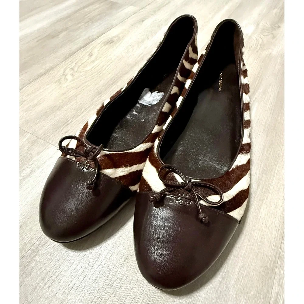 Tory Burch Zebra Print‎ Calf Hair Leather Ballet Flats Brown Cream Bow Women 13M